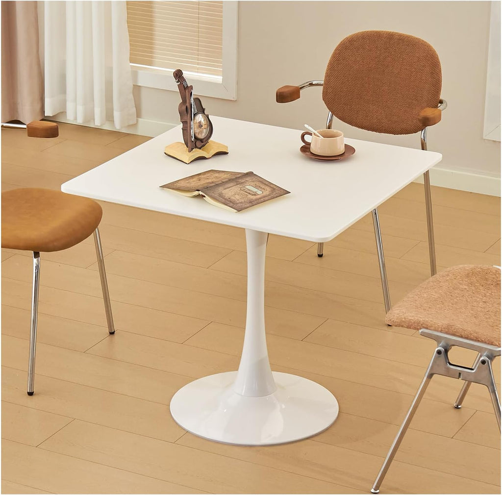 Square Dining Table, 31.5' Tulip Table with Thickened Tabletop & Metal Pedestal, Mid Century Modern Bistro Table for Kitchen, Small Places, Living Room, Cafe (White)