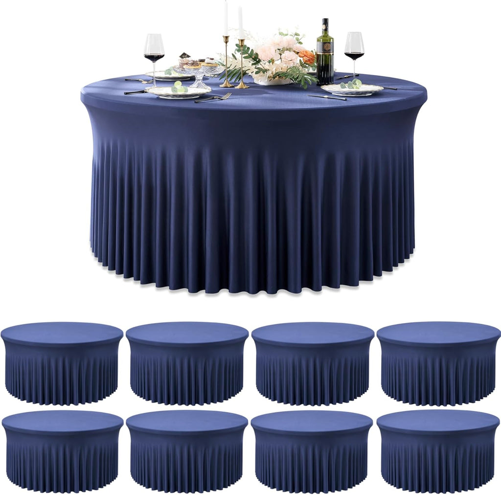 Outpain 8 Pack Navy Blue Spandex Round Tablecloths - Fitted 132in Wrinkle Free Table Covers with Skirt for 72in Table, Wedding Party Dining Banquet