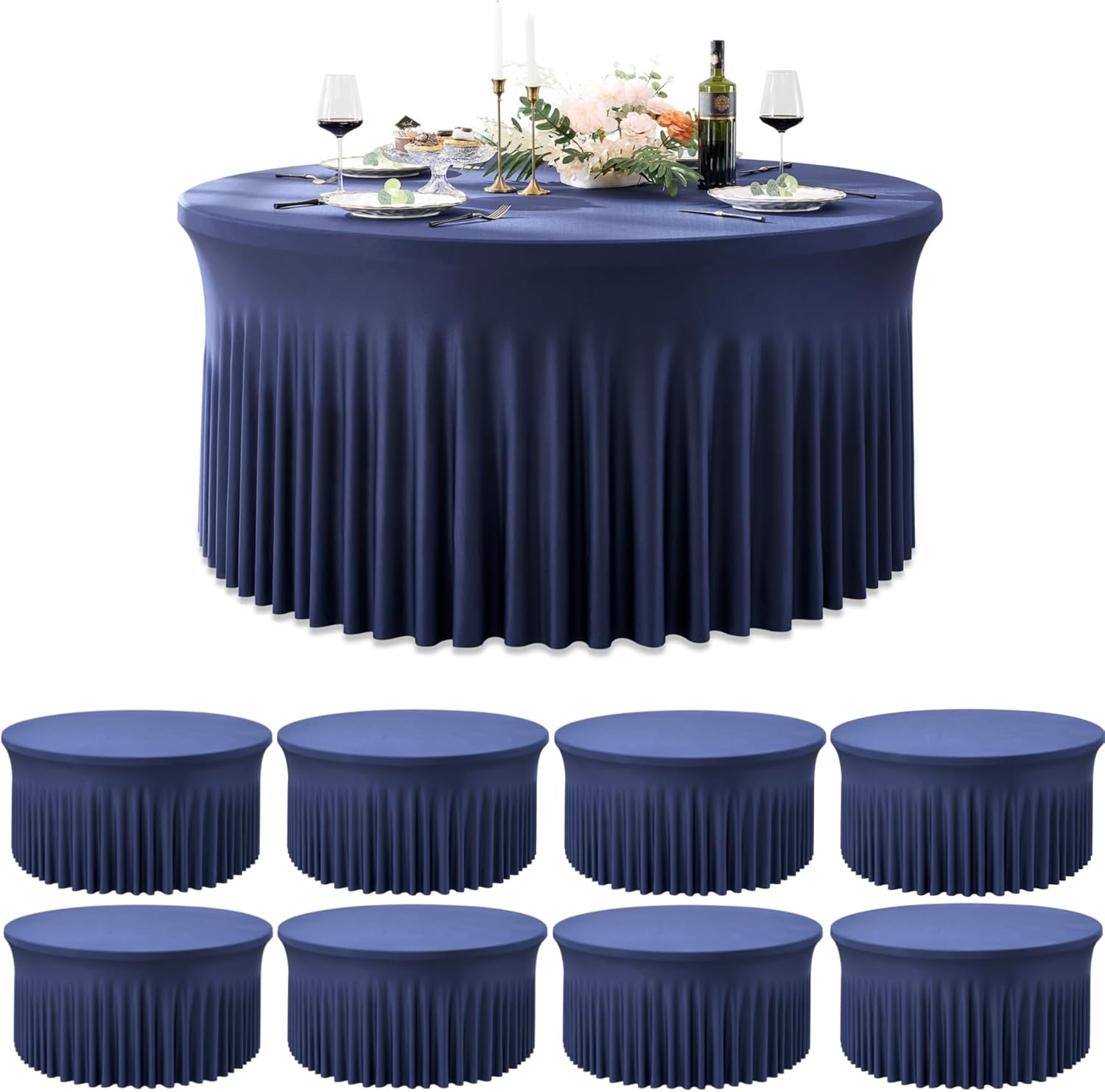 Outpain 8 Pack Navy Blue Spandex Round Tablecloths - Fitted 132in Wrinkle Free Table Covers with Skirt for 72in Table, Wedding Party Dining Banquet