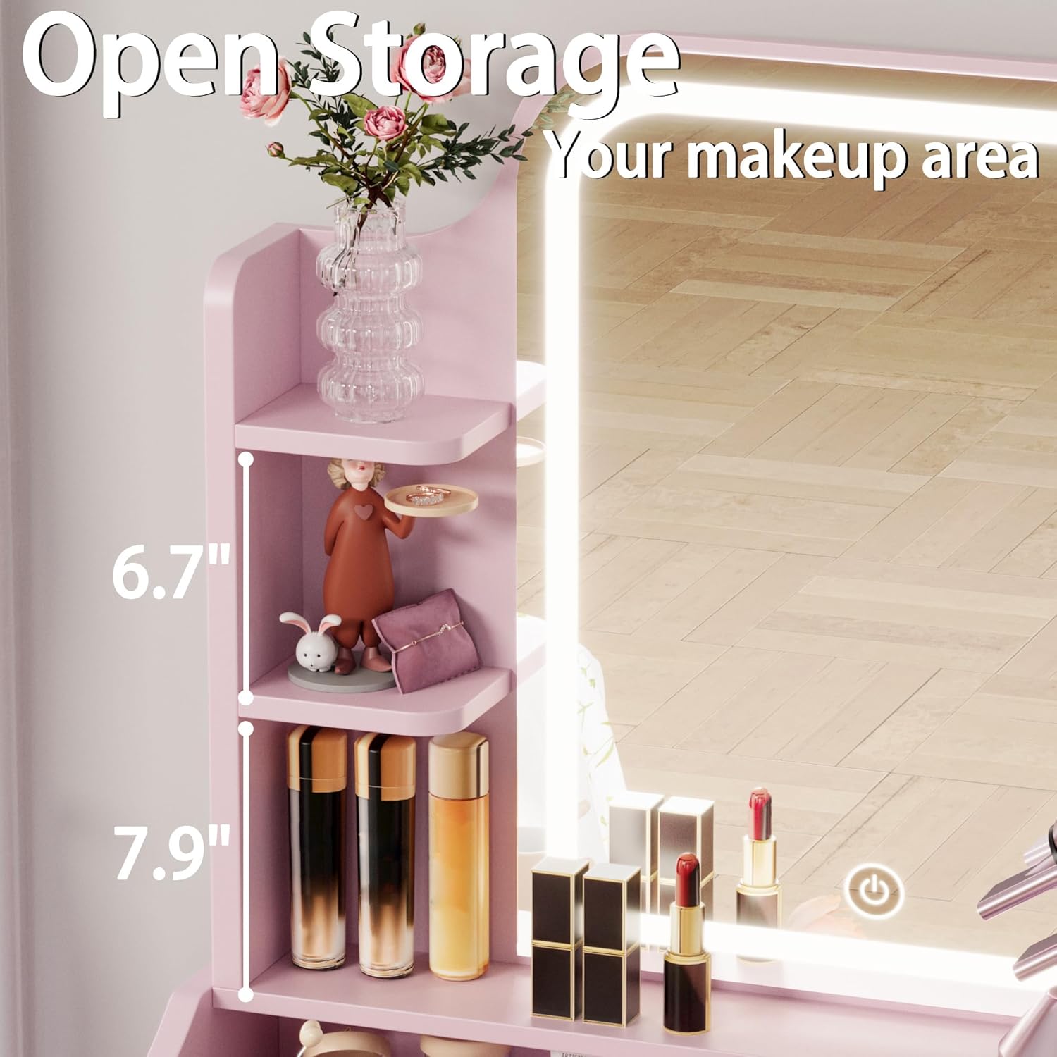 LIKIMIO Small Makeup Vanity Desk with Mirror and Lights, Vanity Table Set with Storage Drawer, Chair and Three Shelves, Bedroom, Pink
