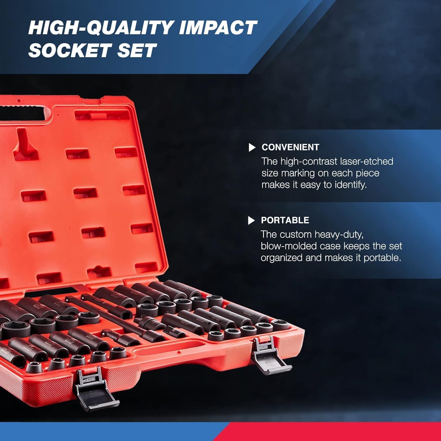 NEIKO 02330A 1/2 Impact Socket Set, 45 Piece Deep and Shallow Assortment, Metric Sizes 9mm to 32mm, Chrome Vanadium Steel, Extension Bars, Universal Joint and Adapter, 1/2' Drive Deep Well Set