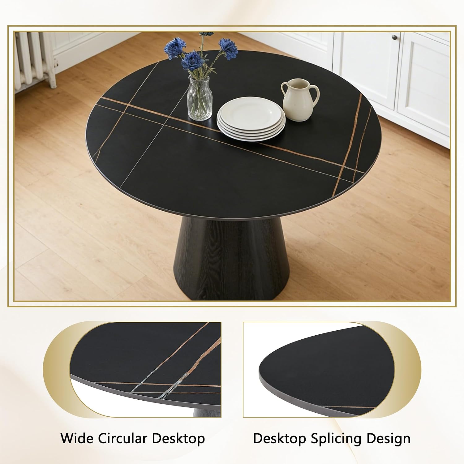 Faux Marble Round Dining Table for 4-6, 42' Modern Round Kitchen Table with Sintered Stone Top and Wood Stable Pedestal for Apartment,Restaurant,Small Space (Black