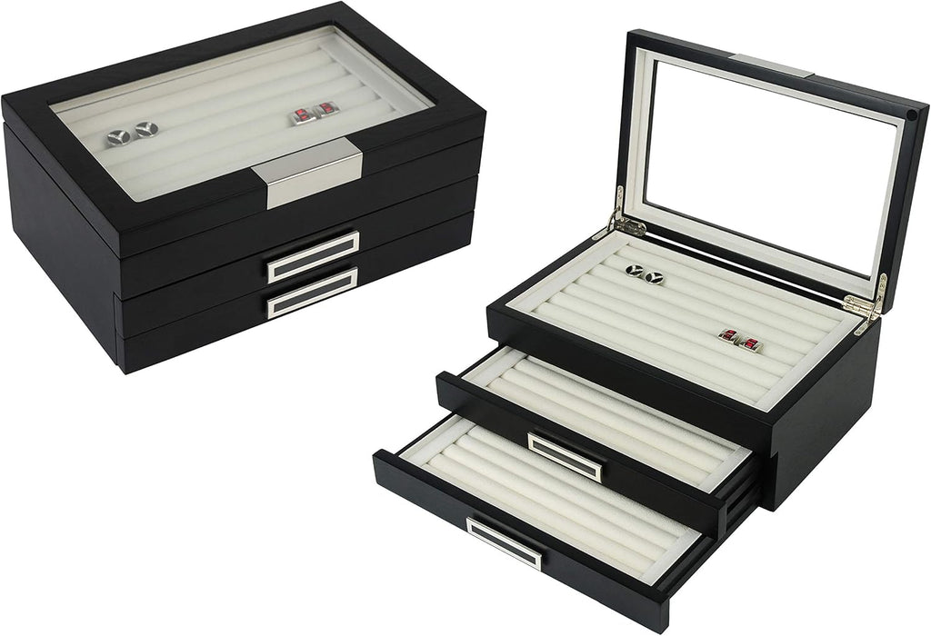 TIMELYBUYS Black Ebony Wood Cufflink Case & Ring Storage Organizer with Stainless Steel Engravable Design Accent Men's Jewelry Box for 108 Cufflinks