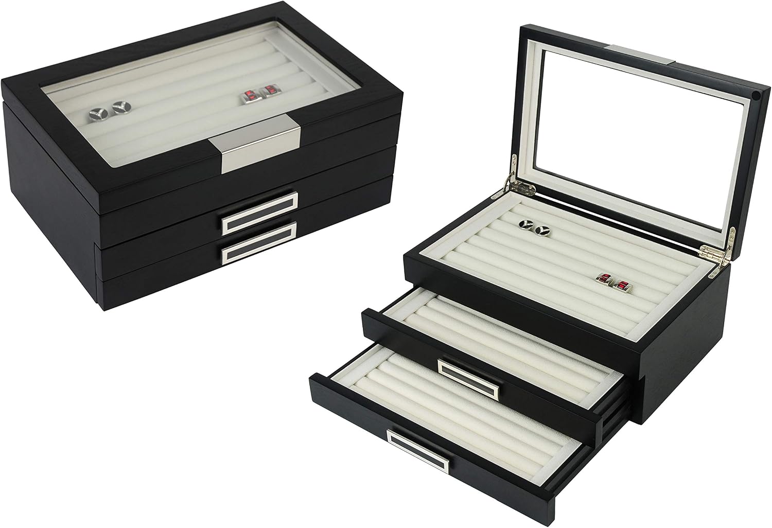 TIMELYBUYS Black Ebony Wood Cufflink Case & Ring Storage Organizer with Stainless Steel Engravable Design Accent Men's Jewelry Box for 108 Cufflinks