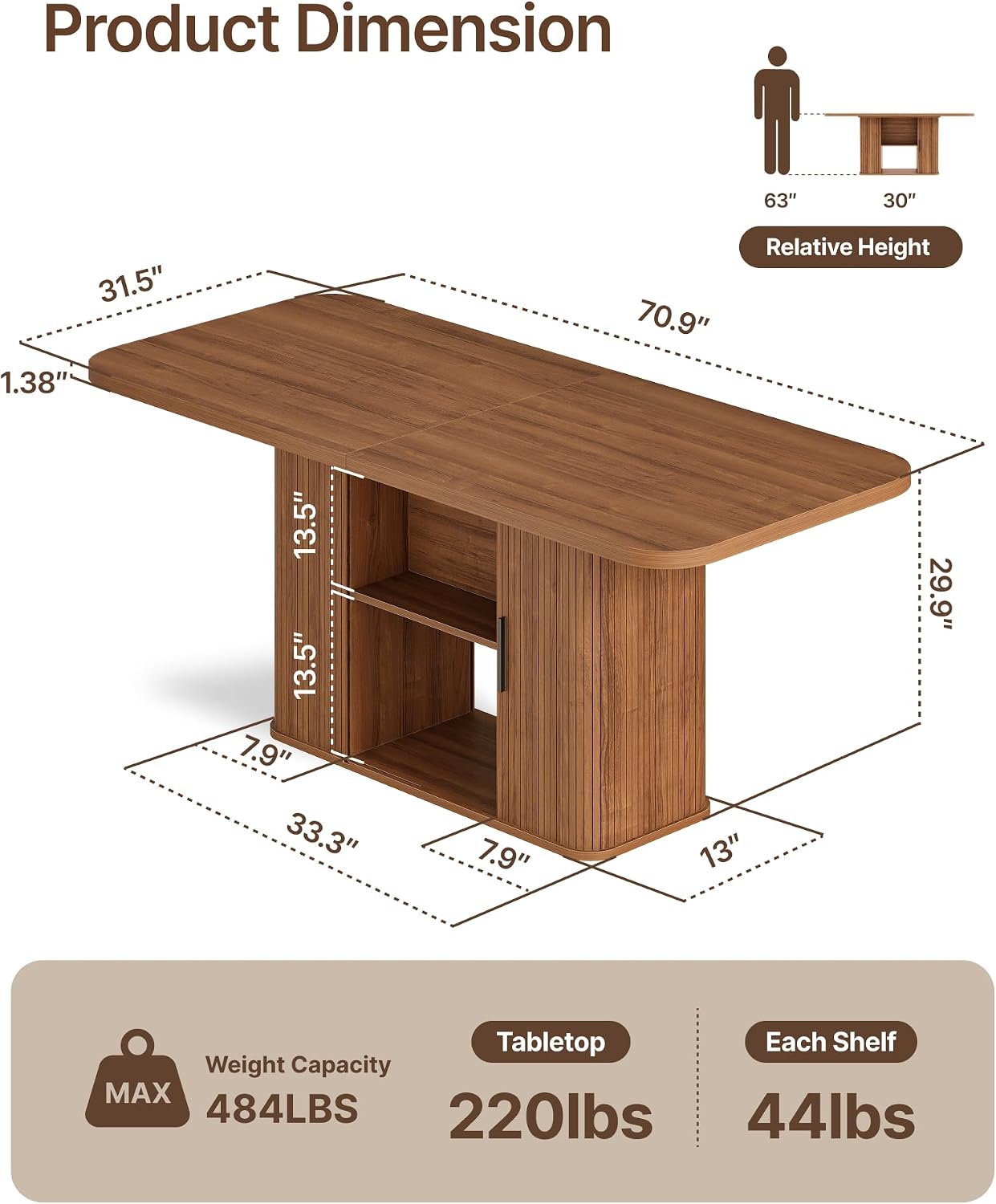SUNCOZE Mid-Centur Dinner Tables for 4/6/8, 70.9' Rectangle Dining Room Table with Large Tabletop and Sliding Tambour Doors, Fluted Dining Table 2-Layer Storage for Kitchen and Living Room, Walnut