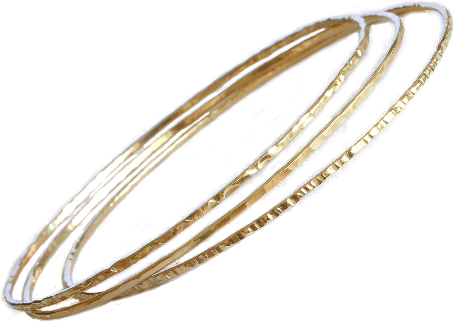 14k gold filled Bangles hammered slip on set of 3 textures, Mu-Yin Jewelry Handmade in USA