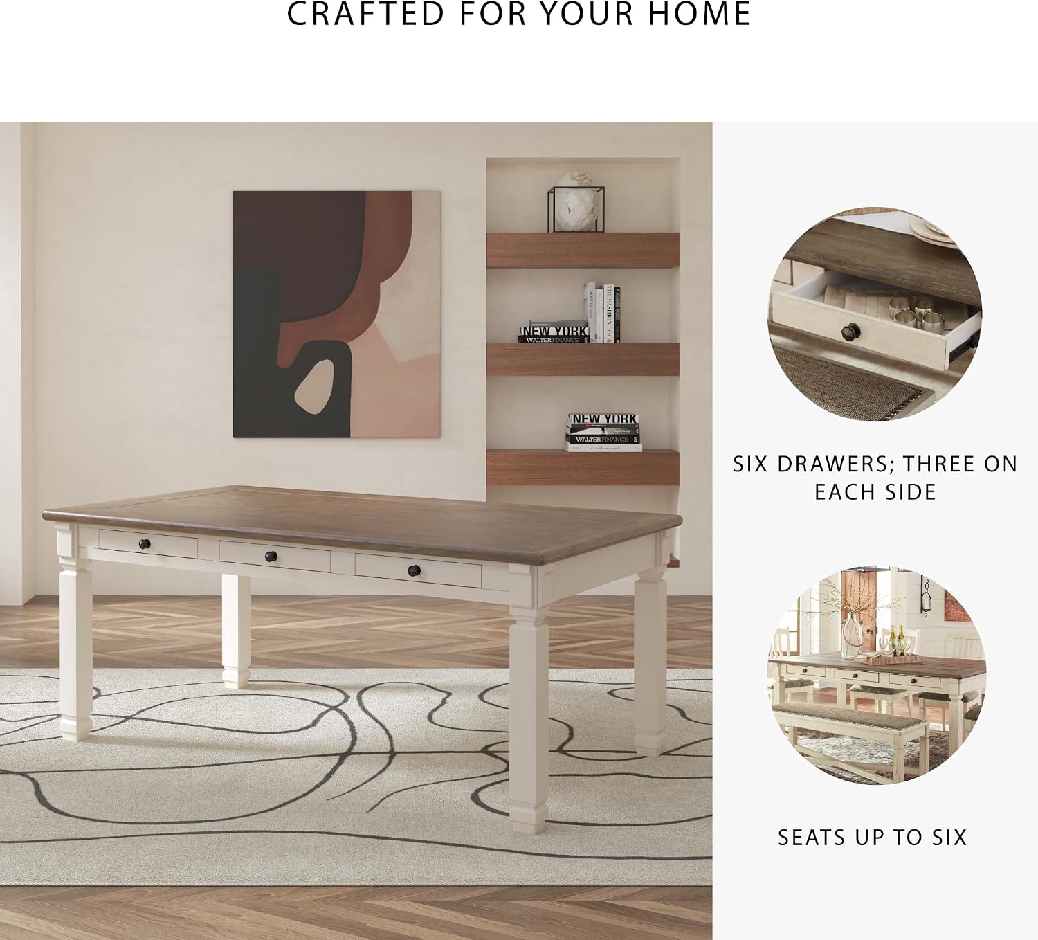 Signature Design by Ashley Bolanburg Dining Table, 2-Tone Farmhouse Style With 6 Built-In Storage Drawers, Wood & Engineered Wood Construction, Seats Up To 6, White/Brown