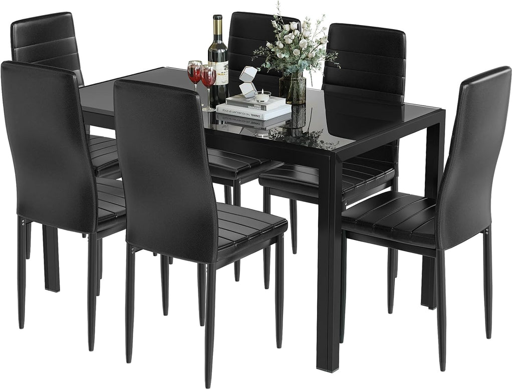 Recaceik 7 Piece Dining Table Set for 6, Tempered Glass Kitchen Table and PU Leather Chairs, Modern Dining Room Table Set for Small Space, Apartment