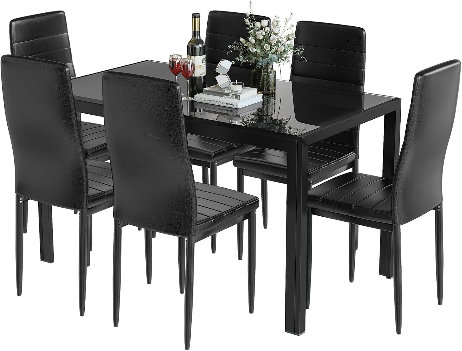 Recaceik 7 Piece Dining Table Set for 6, Tempered Glass Kitchen Table and PU Leather Chairs, Modern Dining Room Table Set for Small Space, Apartment