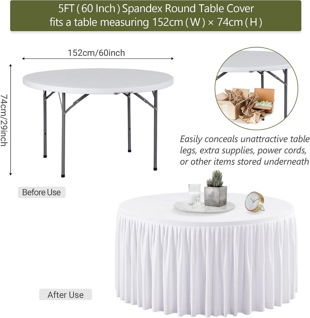 Wish Care 6 Packs 5FT Round Tablecloth 60 Inch, White Stretchy Fitted Table Cloths, Wrinkle Resistant Polyester Table Cover with Pleated Ruffle Skirt for Party, Wedding and Banquet Decoration
