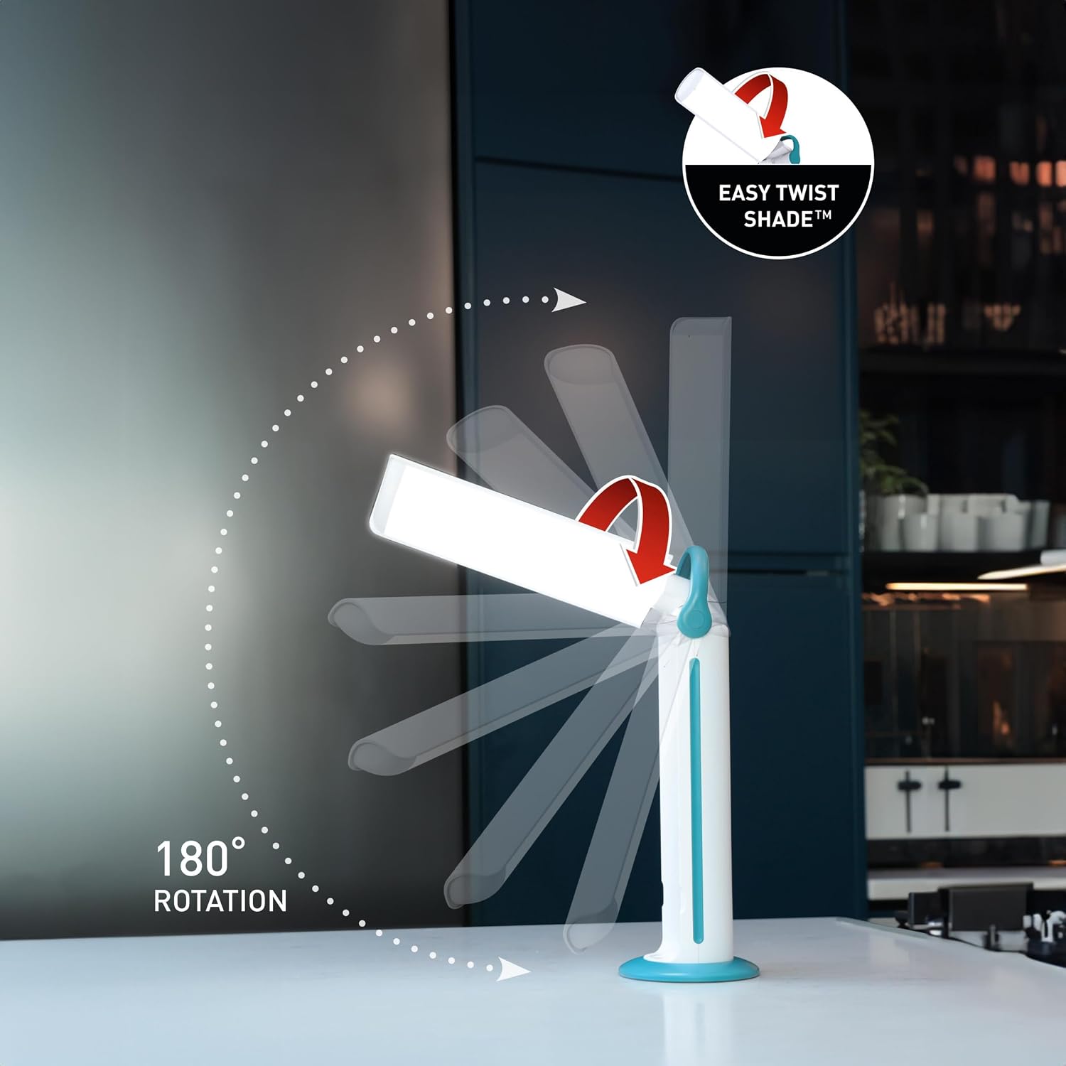 Daylight Twist 2 Go Rechargeable LED Lamp – Portable Craft & Task Light with Easy Twist Shade, 95+ CRI for Color Accuracy, 3 Brightness Levels, Up to 8 Hours Battery Life – Teal & White (U35090)