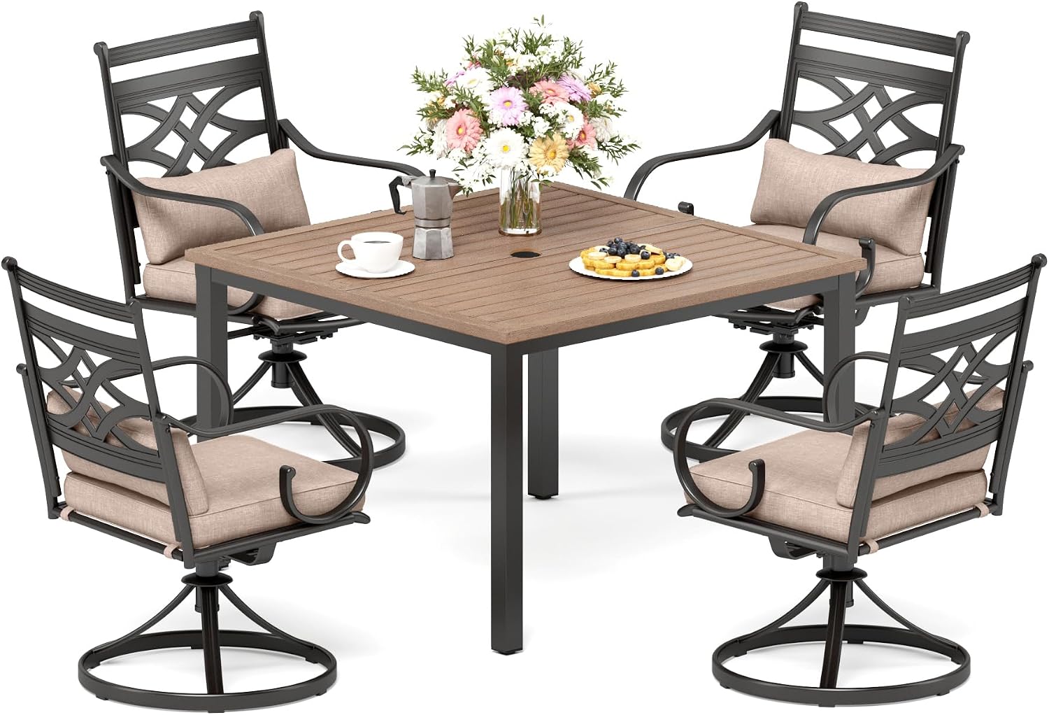 PHI VILLA Outdoor Patio Table, Square Metal Steel Slat Table with 1.57'- 1.9' Adjustable Umbrella Hole, Weather-Resistant Outdoor Dining Table for Garden Deck, 42' x 42' x 28.7', Brown