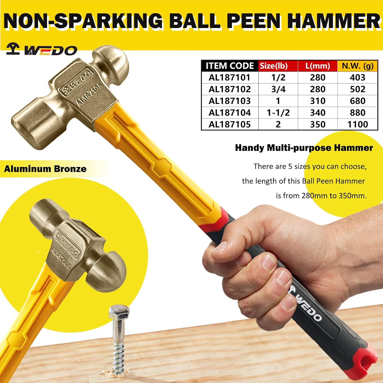 WEDO 24oz(680g) Ball Peen Hammer,Ball Pein Hammer with Fiberglass Handle,Length 365mm(14'),Aluminum Bronze, Die-Forged, Corrosion Resistant, DIN Standard