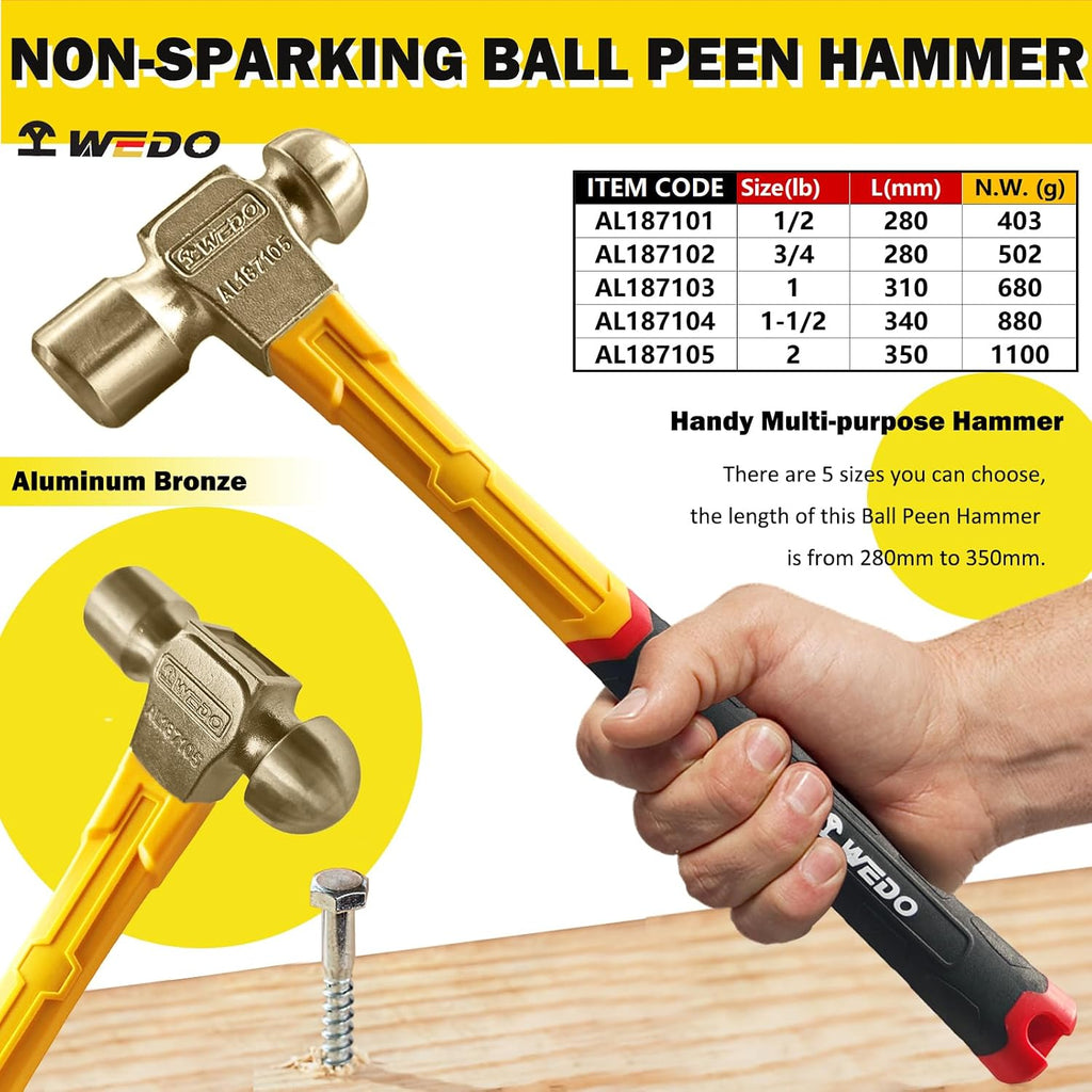 WEDO 32oz(910g) Ball Peen Hammer,Ball Pein Hammer with Fiberglass Handle,Length 365mm(14'),Aluminum Bronze, Die-Forged, Corrosion Resistant, DIN Standard