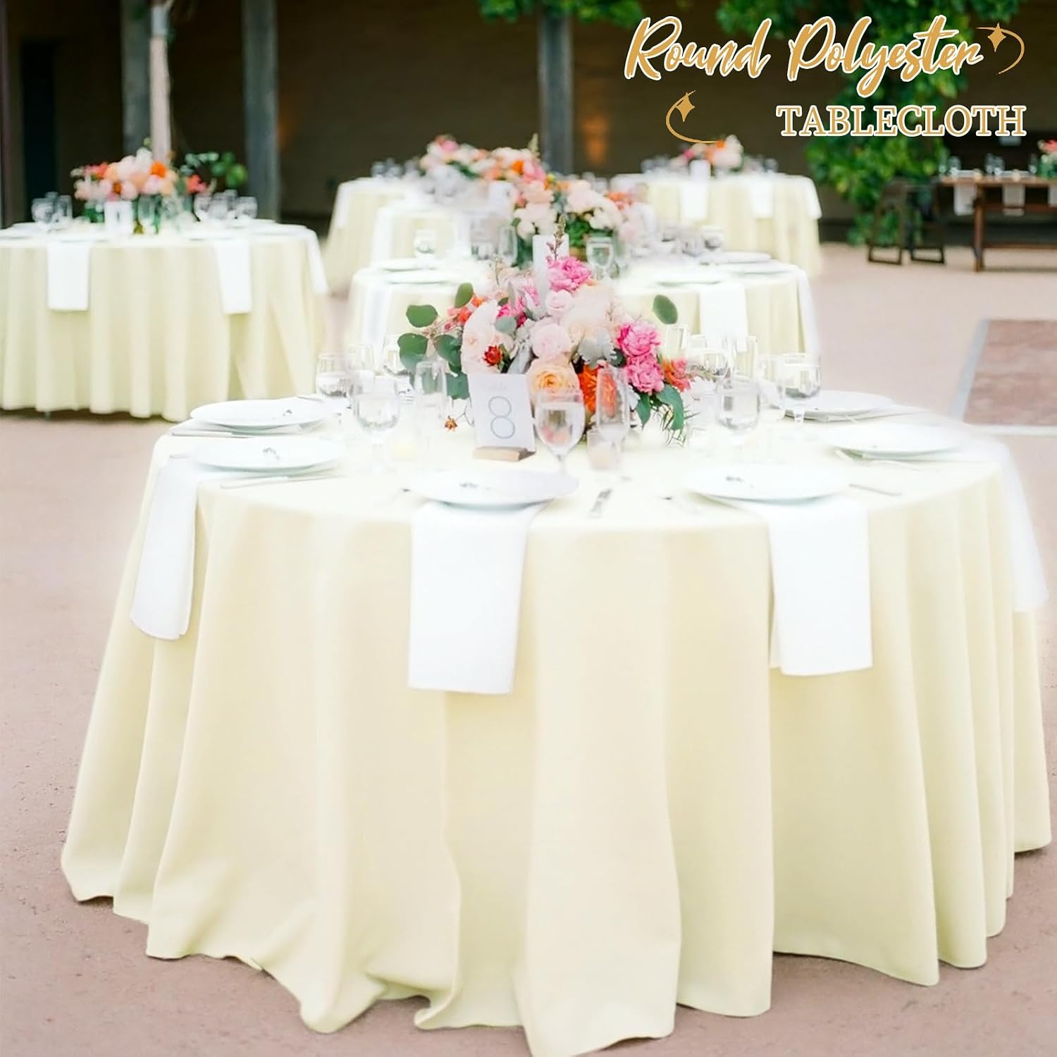 12 Pack Round Tablecloths - 120 Inch, Beige Polyester Table Cover for Round Table, Stain and Wrinkle Resistant Washable Fabric, Wedding Banquet Parties