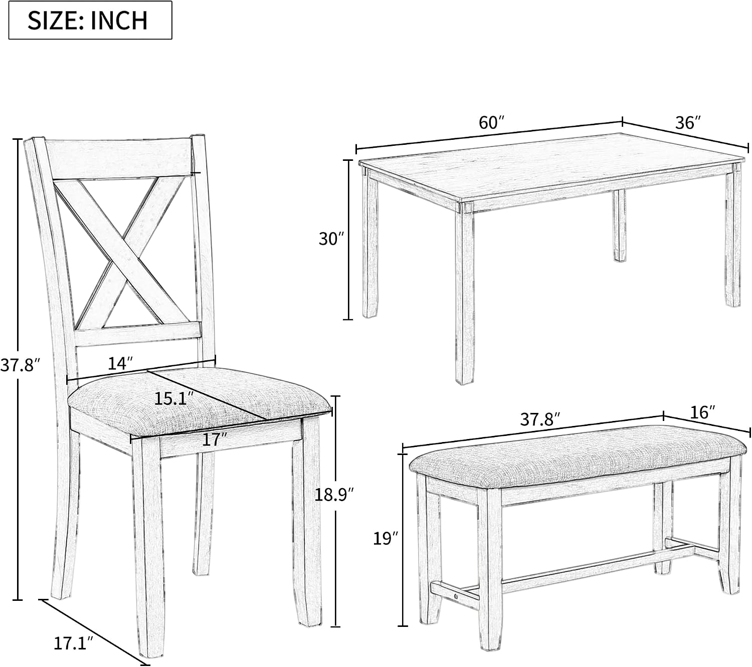 Harper & Bright Designs 6-Piece Dining Table Set, Dining Room Table Set with Wooden Rectangular Dining Table, 4 Dining Chair and Bench, Kitchen Dinette Set for 6 People (Grey)