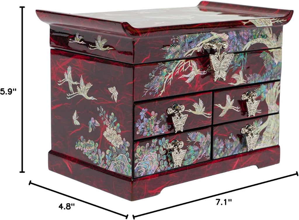 February Mountain Mother of Pearl Wooden Jewelry Organizer Box – Jewelry Storage Box for Women, Features Spacious Drawers, Ideal for Rings, Bracelets, Watches, Chains, Accessories (Crane_Red)