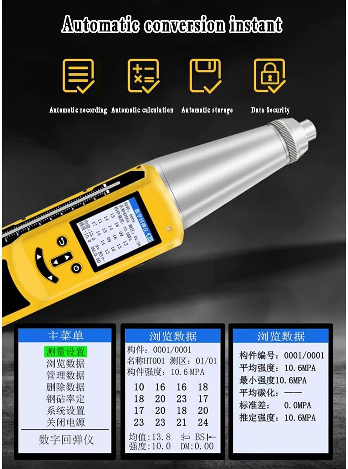 Concrete Rebound Hammer Tester, Resiliometer Test Meter Tool Within The Scope of 1450.38psi-8702.26psi (10-60Mpa) with Wireless Printer, Support Data Export and Voice Broadcast