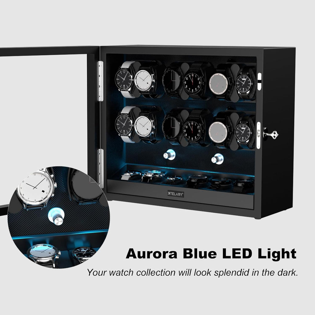 XTELARY Lockable Automatic Watch Winder - 4/6/8/12 Watch Storage, 4 Rotation Modes, Quiet Motor, Backlight