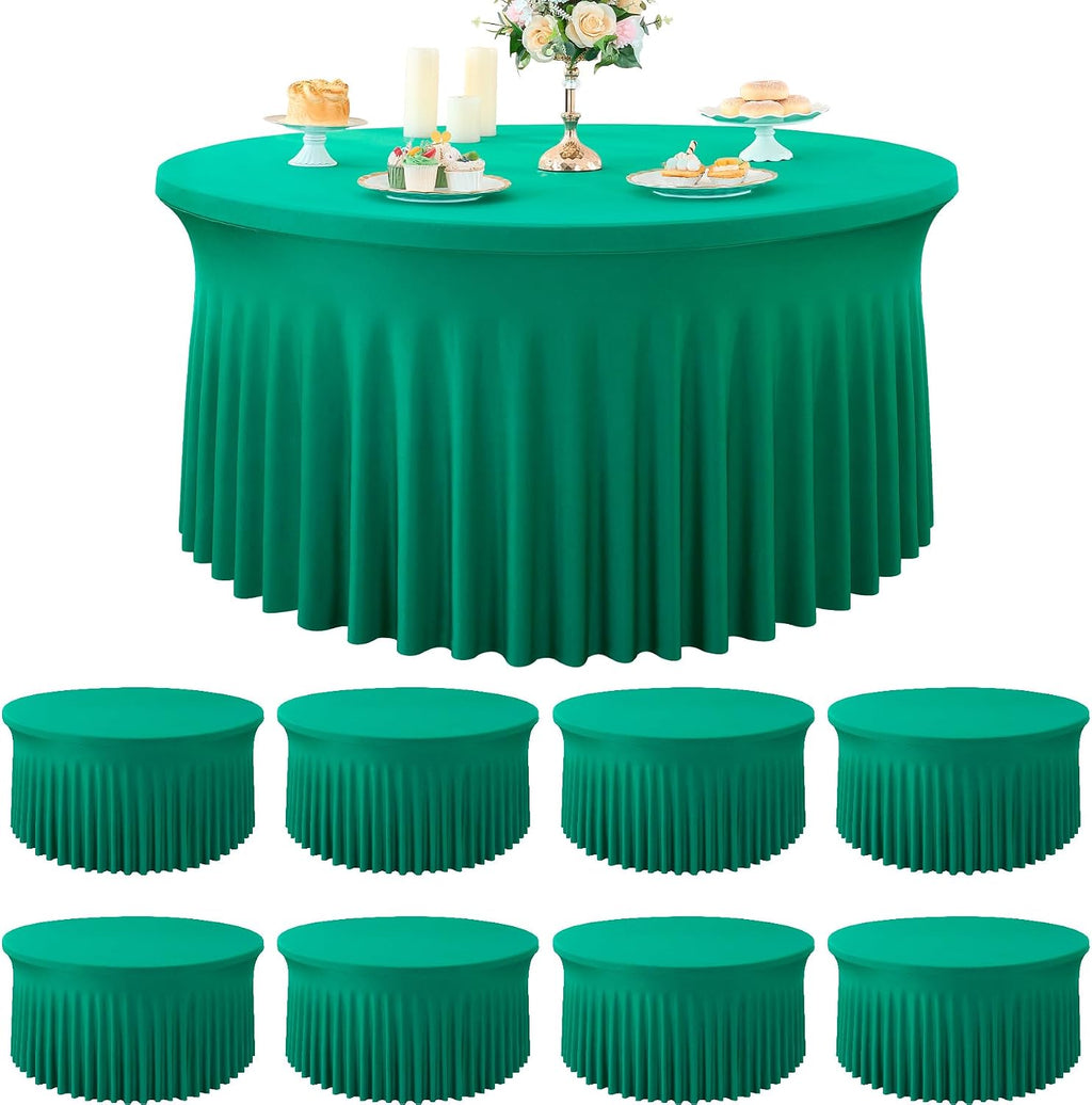 8 Pack Emerald Green Spandex Round Tablecloths, Stretchy 132inch Fitted 6FT Round Table Cloths, Wrinkle Free Table Cover with Skirt for Wedding Party Dining Banquet