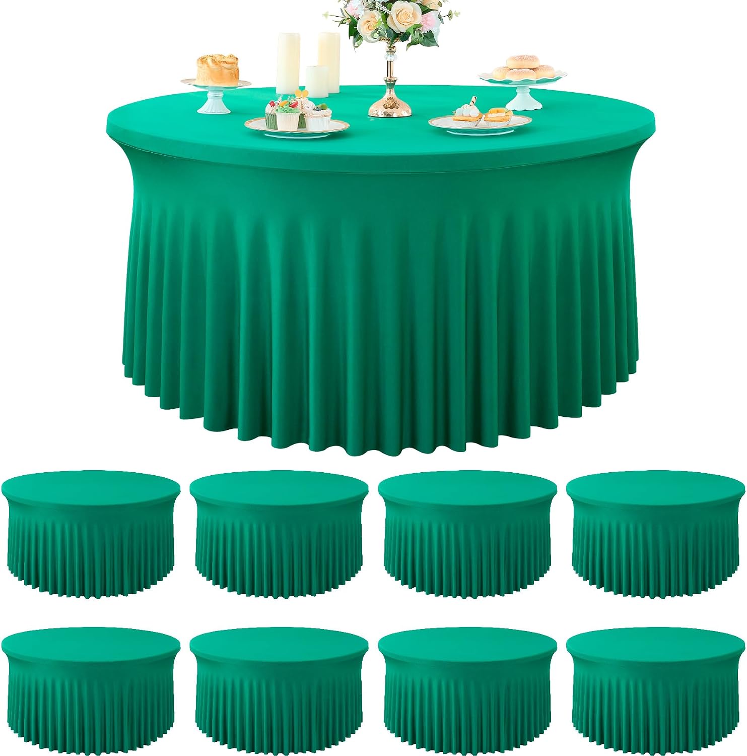 8 Pack Emerald Green Spandex Round Tablecloths, Stretchy 132inch Fitted 6FT Round Table Cloths, Wrinkle Free Table Cover with Skirt for Wedding Party Dining Banquet