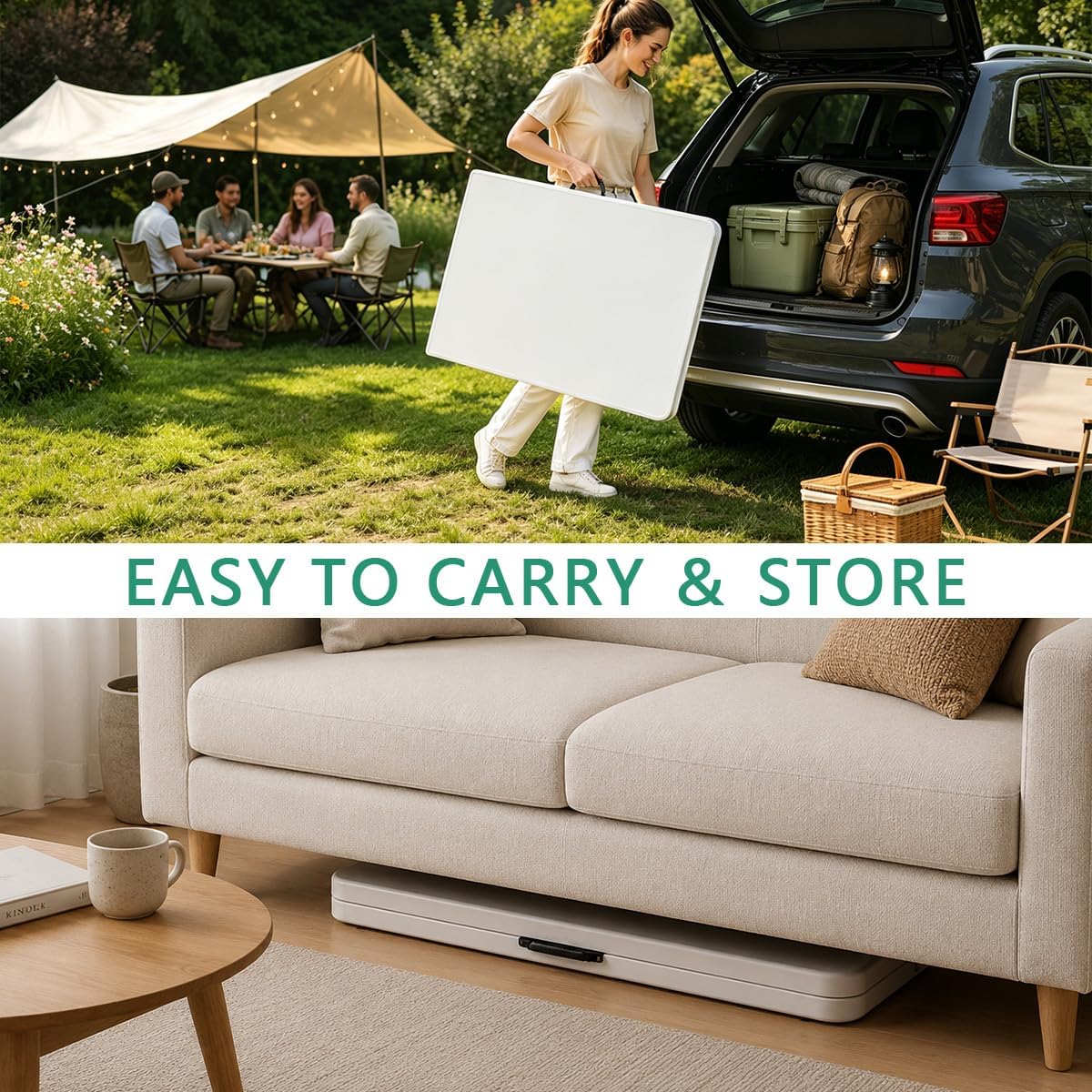 8ft Folding Table 96 inch, Heavy Duty 8 Foot Portable Plastic Foldable Table with Handle and Fold-in-Half Design, Blow Molded Tabletop for Outdoor, Indoor, Party, Dining and Camping, White
