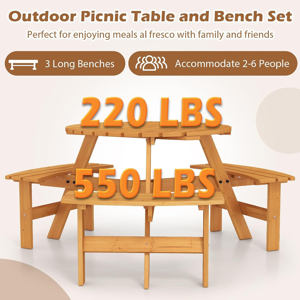 Giantex 6-Person Round Picnic Table Set with 3 Benches, 550 LBS Bench Capacity, 2' Umbrella Hole, Circular Outdoor Wood Dining Table & Chairs for Patio Yard Garden Porch Deck (68'x62'x28',Yellow)