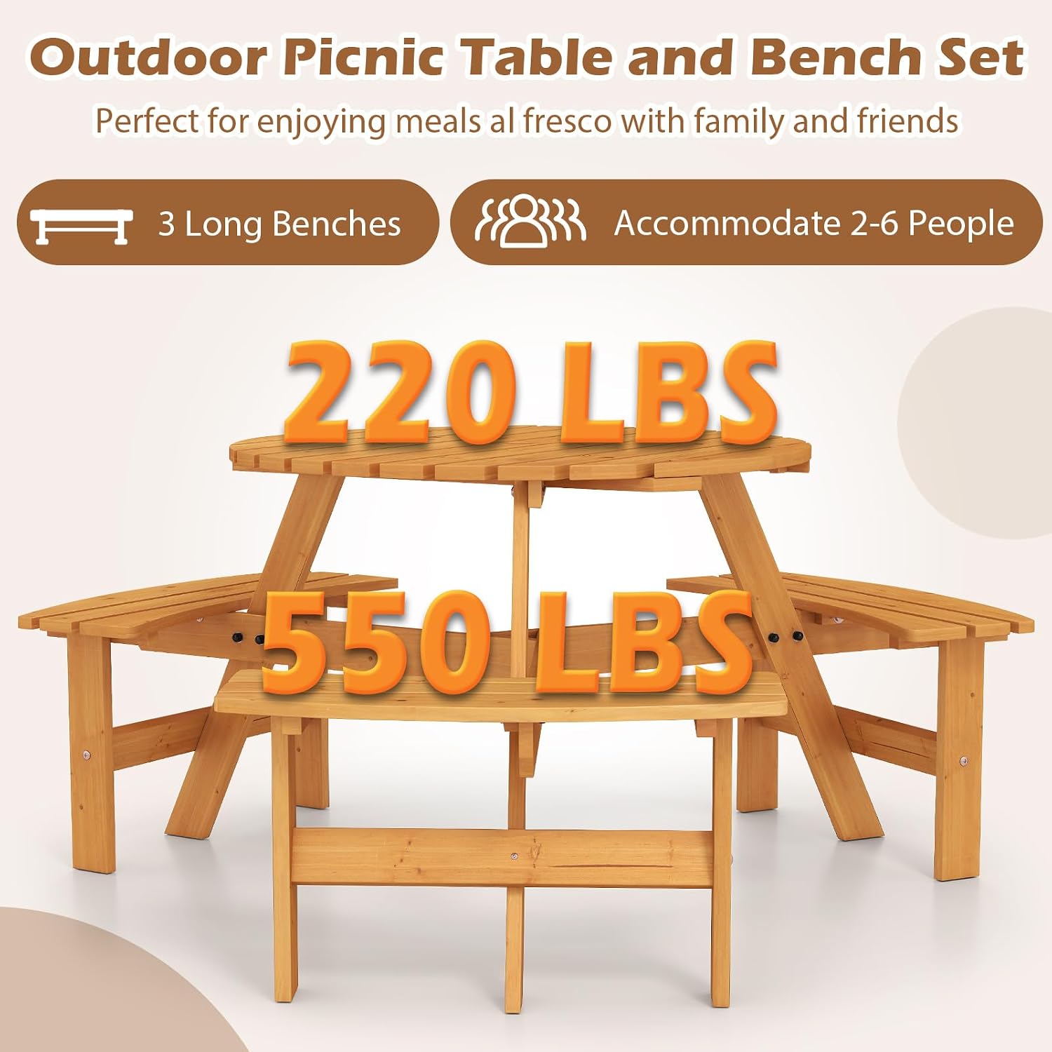 Giantex 6-Person Round Picnic Table Set with 3 Benches, 550 LBS Bench Capacity, 2' Umbrella Hole, Circular Outdoor Wood Dining Table & Chairs for Patio Yard Garden Porch Deck (68'x62'x28',Yellow)