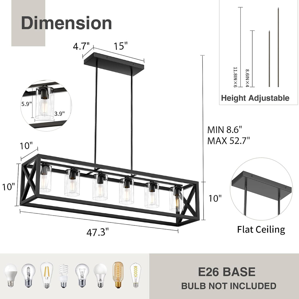 Farmhouse Dining Room Light Fixture - 6 Light Kitchen Island Lighting with Adjustable Height & Thickened Metal Dining Room Light Fixture Over Table，Chandeliers for Dining Room&Kitchen Island