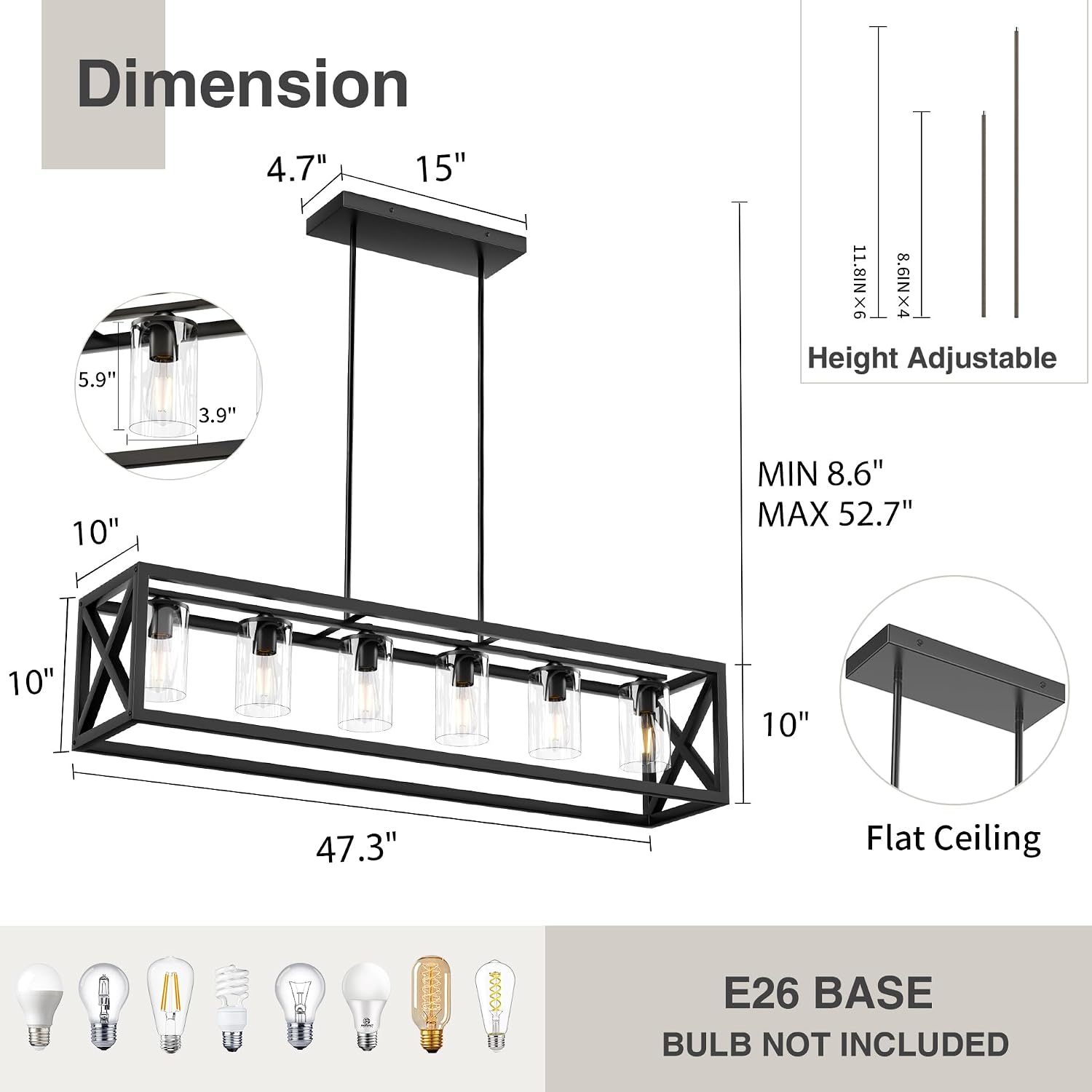 Farmhouse Dining Room Light Fixture - 6 Light Kitchen Island Lighting with Adjustable Height & Thickened Metal Dining Room Light Fixture Over Table，Chandeliers for Dining Room&Kitchen Island
