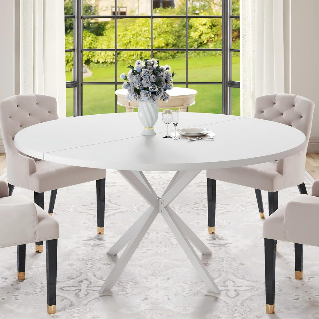 47.24' Round Dining Table for 4-6 Person, Round Kitchen Table with Wood Top, Circle Dinner Pedestal Tables with Metal Legs for Dining Room Kitchen (White)
