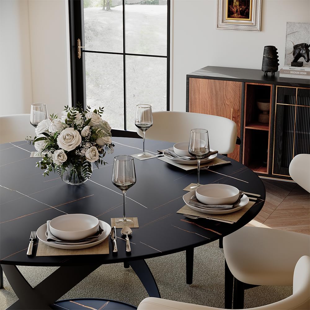 POVISON 60' Round Dining Table for 6, Modern Dining Room Table with Lazy Susan, Matte Black Sintered Stone Dining Tabletop with X-Shape Carbon Steel Base (Table Only)