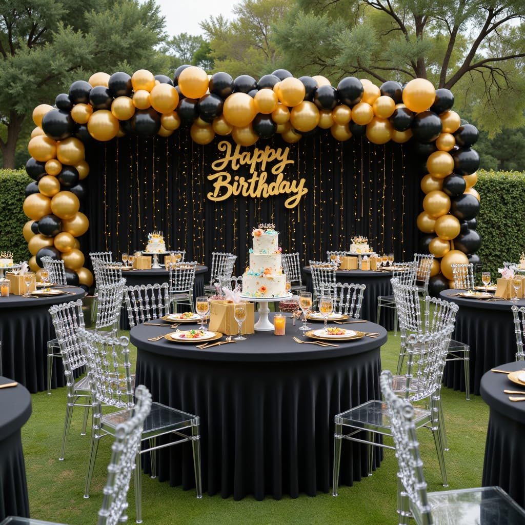 Outpain 8 Pack Black Spandex Tablecloth for 72in/6FT Round Tables, Wrinkle Free Tablecloth with Skirt for Wedding, Graduation & Banquet