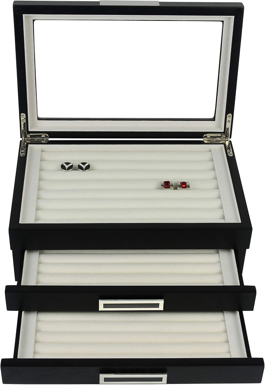 TIMELYBUYS Black Ebony Wood Cufflink Case & Ring Storage Organizer with Stainless Steel Engravable Design Accent Men's Jewelry Box for 108 Cufflinks