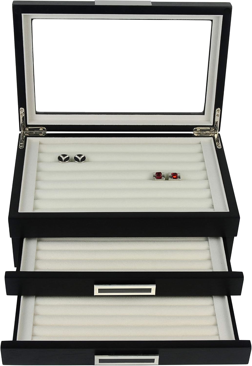 TIMELYBUYS Black Ebony Wood Cufflink Case & Ring Storage Organizer with Stainless Steel Engravable Design Accent Men's Jewelry Box for 108 Cufflinks