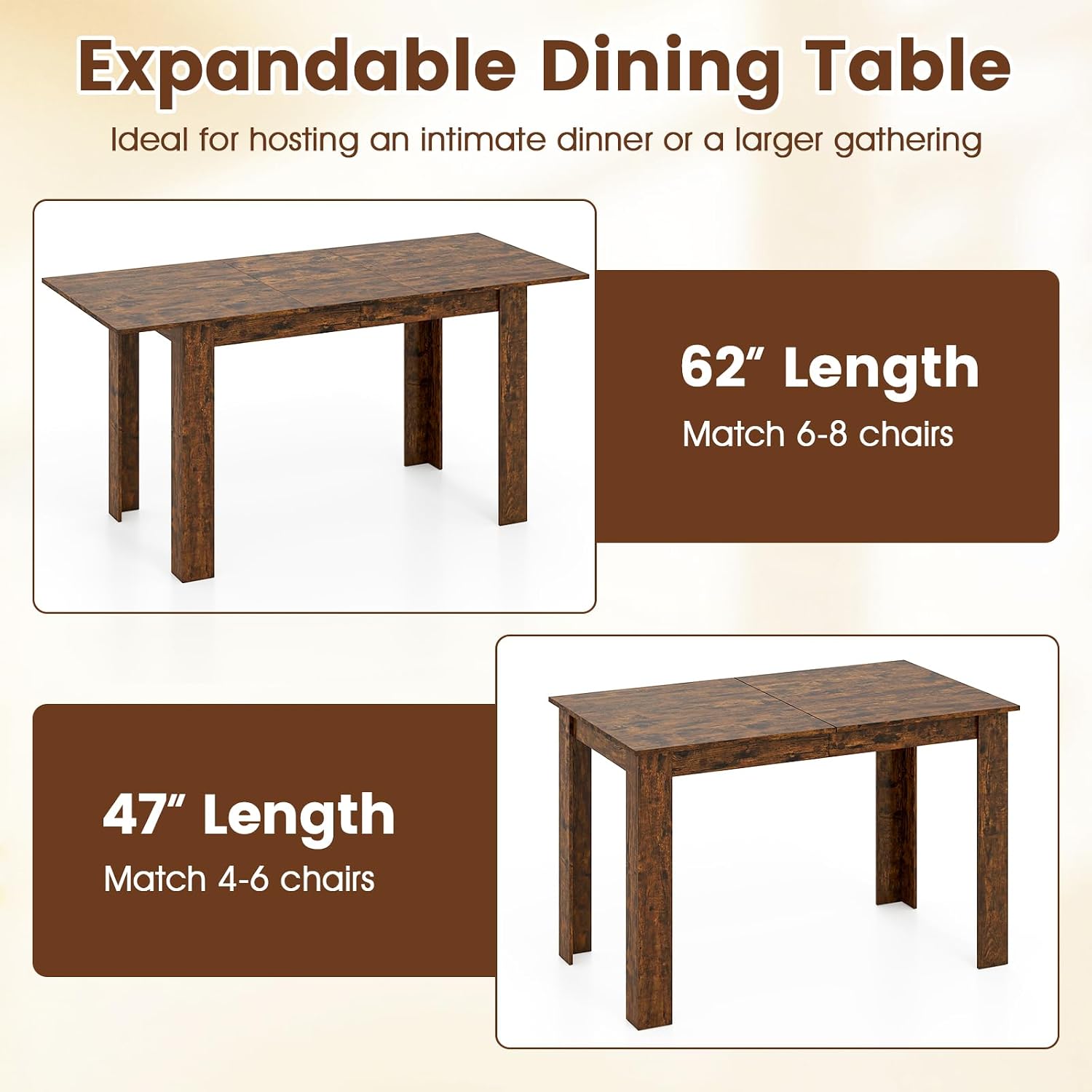GOFLAME 47'-62' Extendable Dining Table for 4-6 People, Large Rectangular Kitchen Table with L-Shaped Legs, Space Saving Dining Room Table for Kitchen, Living Room, Office, Small Space, Rustic Brown