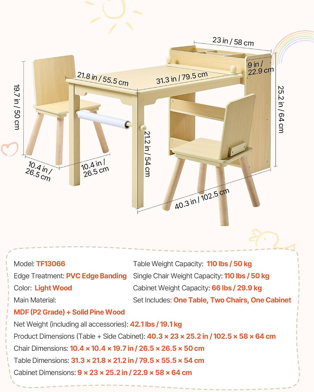 VEVOR Kids Art Table and Chair Set, Toddler Activity Table with Storage, Wood Kids Craft Desk with Paper Roll for Drawing, Reading, Writing, Kid Play Table for Nursery, Playroom, Classroom, Natural