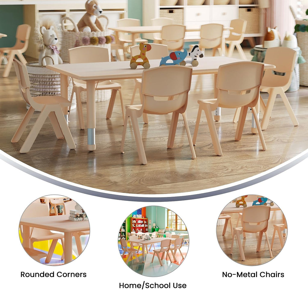 Flash Furniture Emmy Adjustable Classroom Activity Table with 6 Stackable Chairs, Plastic Activity Table for Kids, 23.625' W x 47.25' L, Natural