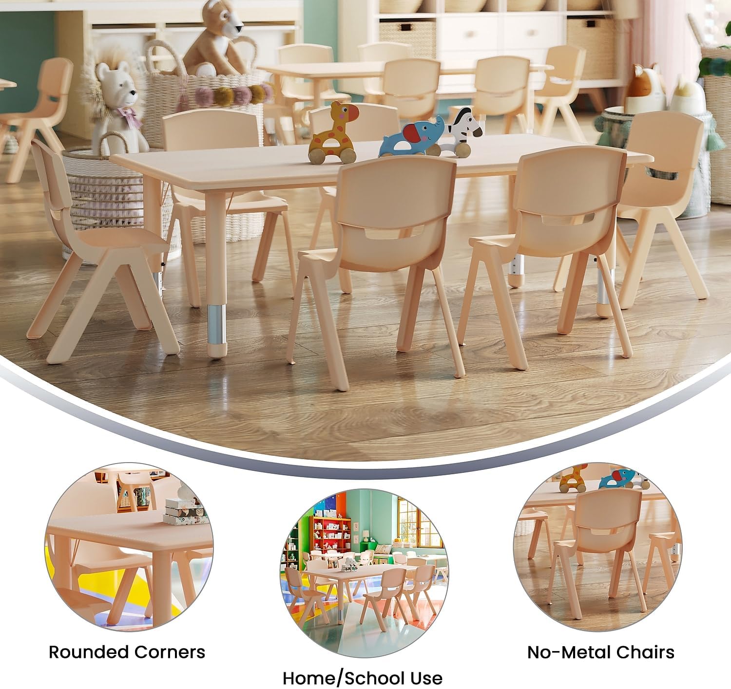 Flash Furniture Emmy Adjustable Classroom Activity Table with 6 Stackable Chairs, Plastic Activity Table for Kids, 23.625' W x 47.25' L, Natural