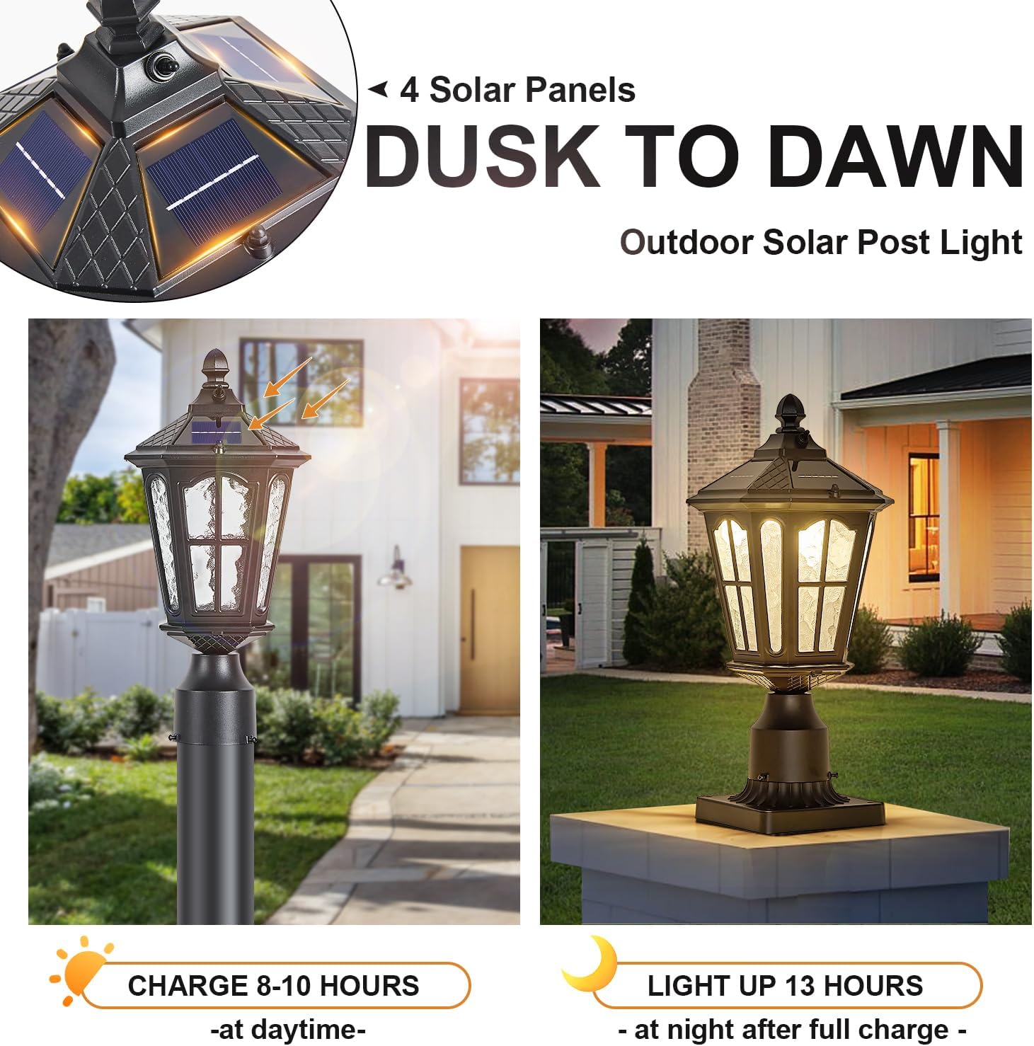 2 Pack Outdoor Solar Lamp Post Light with Pier Mount Base, Dusk to Dawn Aluminium Classic Exterior Pole Lamps with Water Ripple Glass, Solar Pillar Lights for Fence, Gate, Driveway, Black