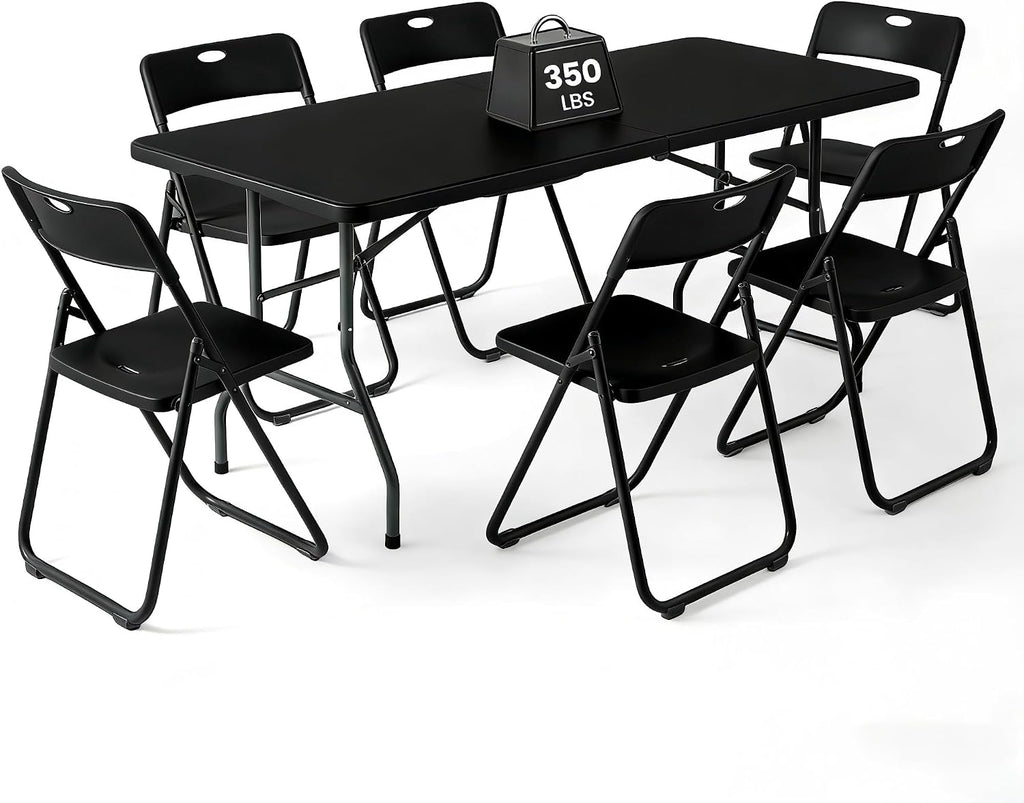 6FT Foldable Table Set with 6 Pack Plastic Folding Chairs, Heavy Duty 350 lbs Folding Table & Folding Chairs, Portable Foldable Furniture Bundle for Parties, Wedding, Events, Indoor & Outdoor