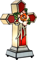Bieye L10935 Christian Cross Tiffany Style Stained Glass Accent Table Lamp Night Light for Home Décor (Rose)