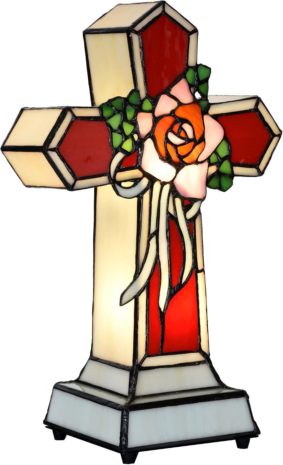 Bieye L10935 Christian Cross Tiffany Style Stained Glass Accent Table Lamp Night Light for Home Décor (Rose)