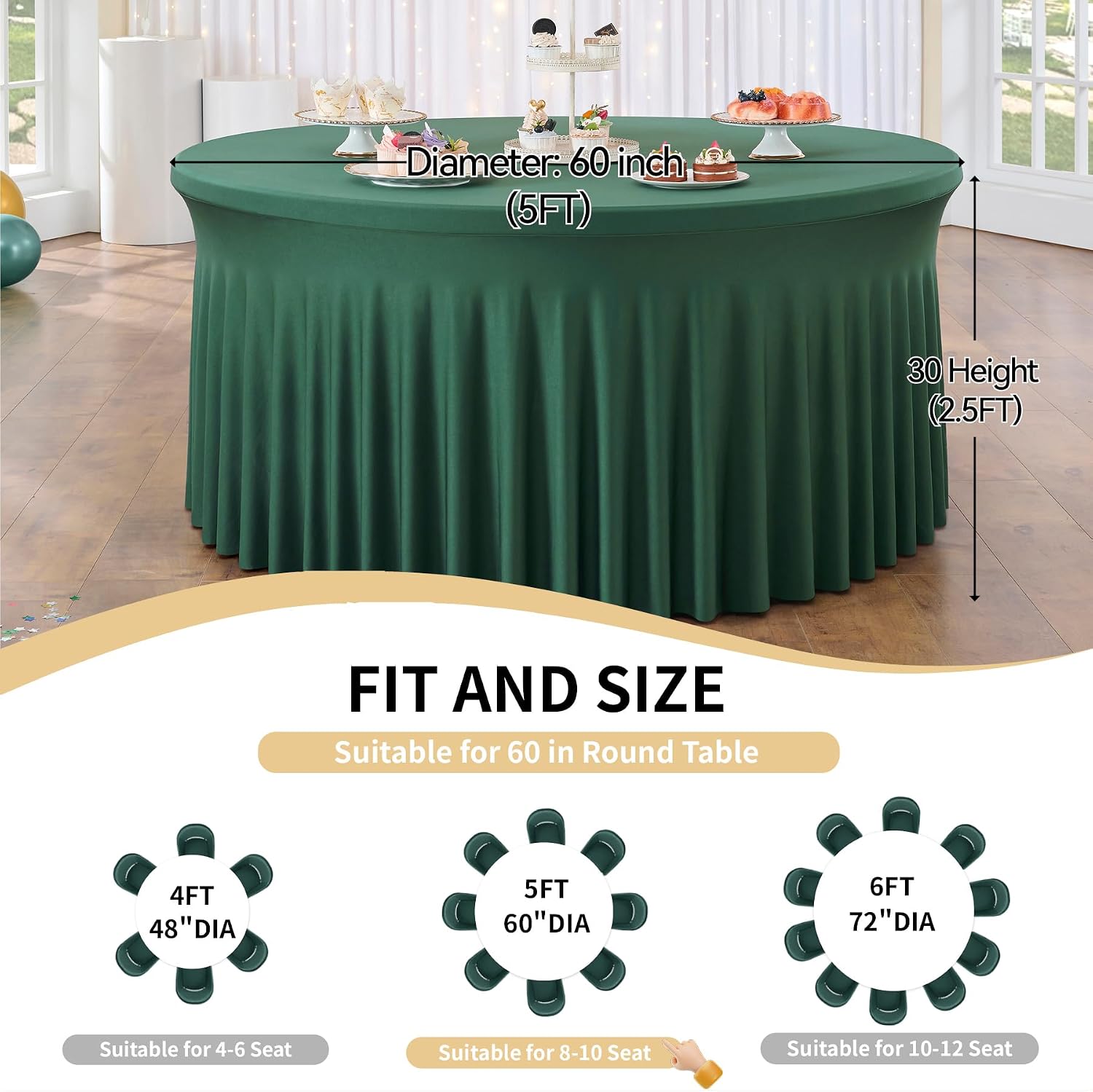Outpain 6 Pack Spandex Hunter Green Round Tablecloths for 60in Tables, 120Inch Stretchy Fitted 5FT Round Table Clothes,Wrinkle Free Table Cover with Skirt for Wedding Party Dining Banquet