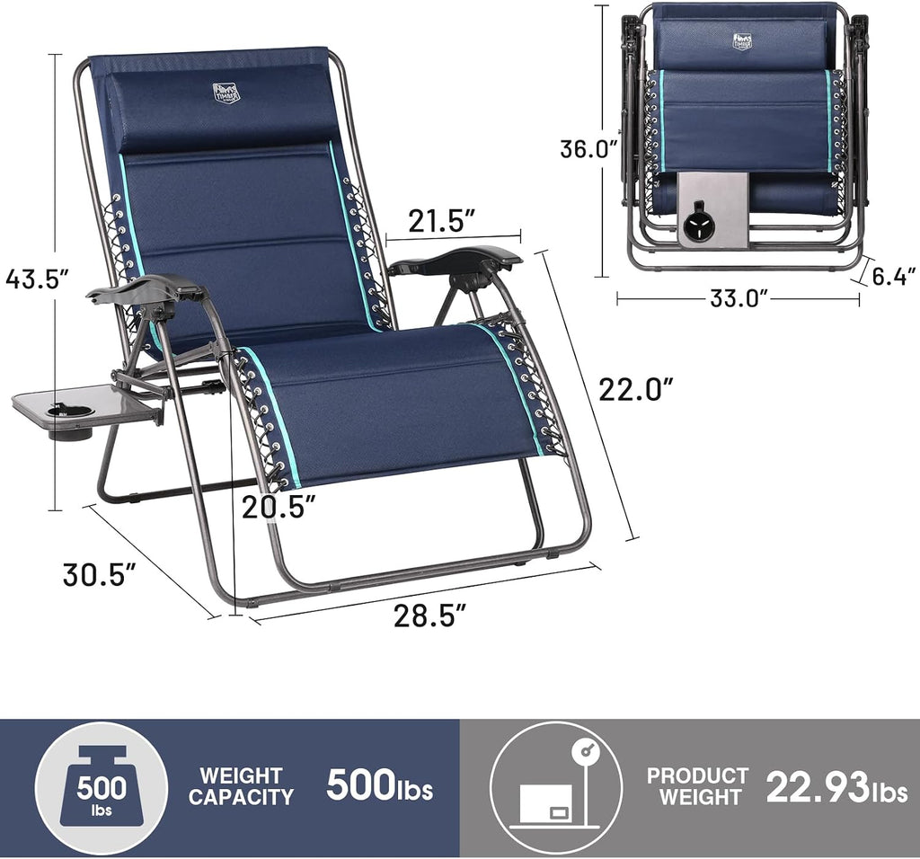 Timber Ridge Oversized Zero Gravity Chair, 33In Wide XXL Zero Gravity Reclining Chair with Side Table, Full Padded Lounge Chair for Outdoor Camping Patio Lawn, Heavy Duty Supports 500lbs, Blue-1 Pack