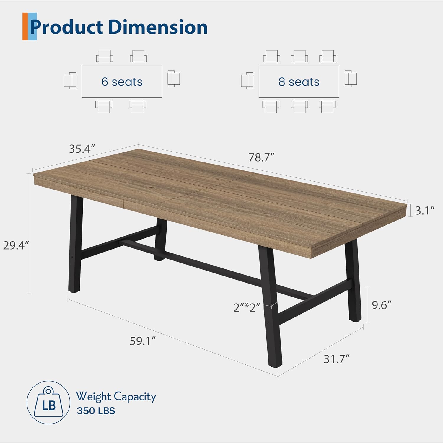GarveeHome Industrial Dining Table for 6-8 People, 78.7' Long Kitchen Table with Sturdy Metal Frame, Rectangular Counter for Dinner, Kitchen, Dining Room (Rustic Pear, 79' Non-extendable)