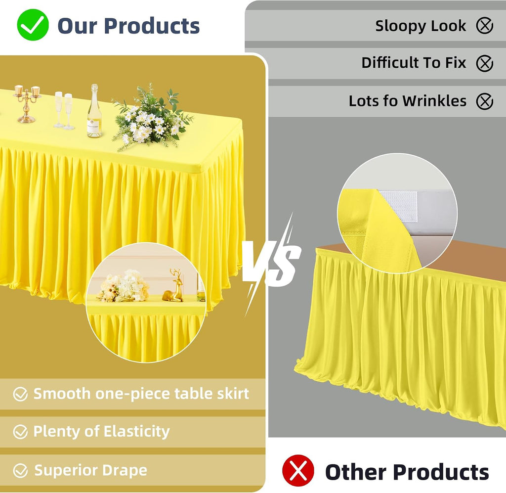 6 Pack Yellow Tablecloths for Rectangle Tables 8ft, Wrinkle Resistant Spandex Table Cover Fitted Stretch Table Cloth with Pleated Ruffle Skirts for Party Banquet Dining Birthday Wedding