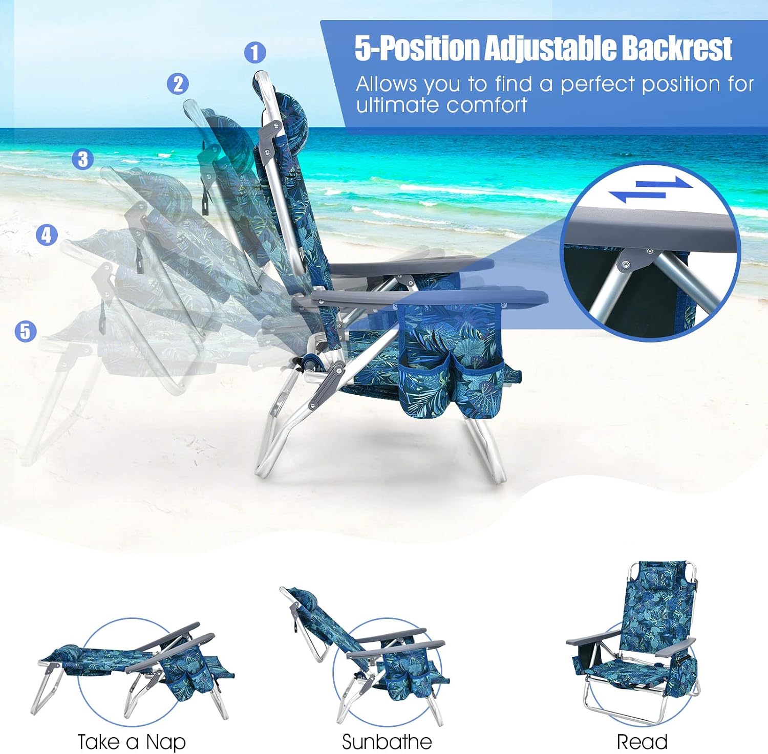 Tangkula Backpack Beach Chair with Table, 5-Position Lay Flat Lightweight Low Folding Beach Chairs with Cooler Bag, 2 Cup Holders, Towel Bar, Backpack Straps
