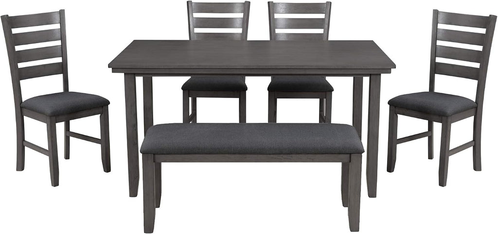 Dining Room Table and Chairs with Bench, Rustic Wood Dining Set, Set of 6 (Gray)