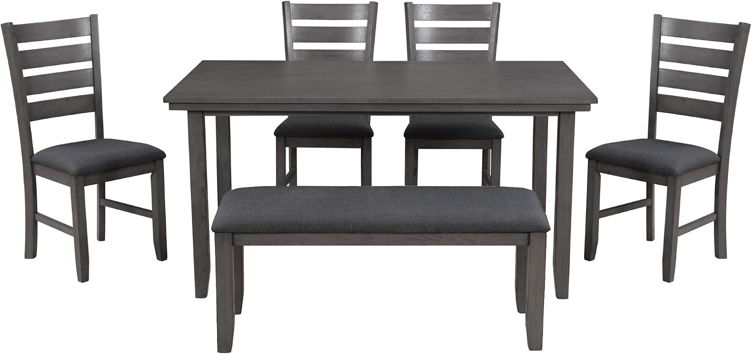 Dining Room Table and Chairs with Bench, Rustic Wood Dining Set, Set of 6 (Gray)